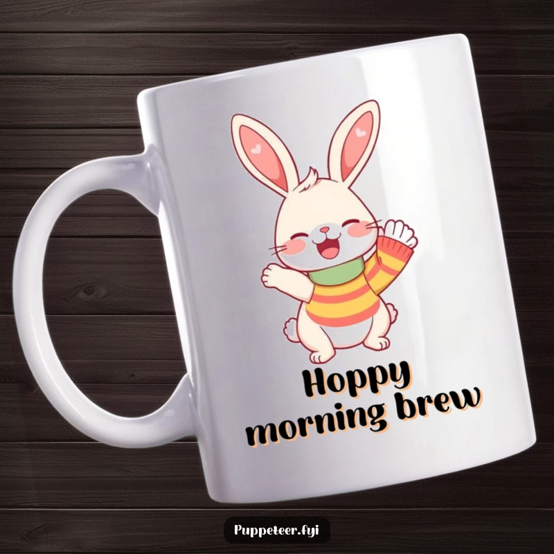Funny Mug showing a happy rabbit giggling while enthusiastically waving with a sock puppet, conveying pure joy.