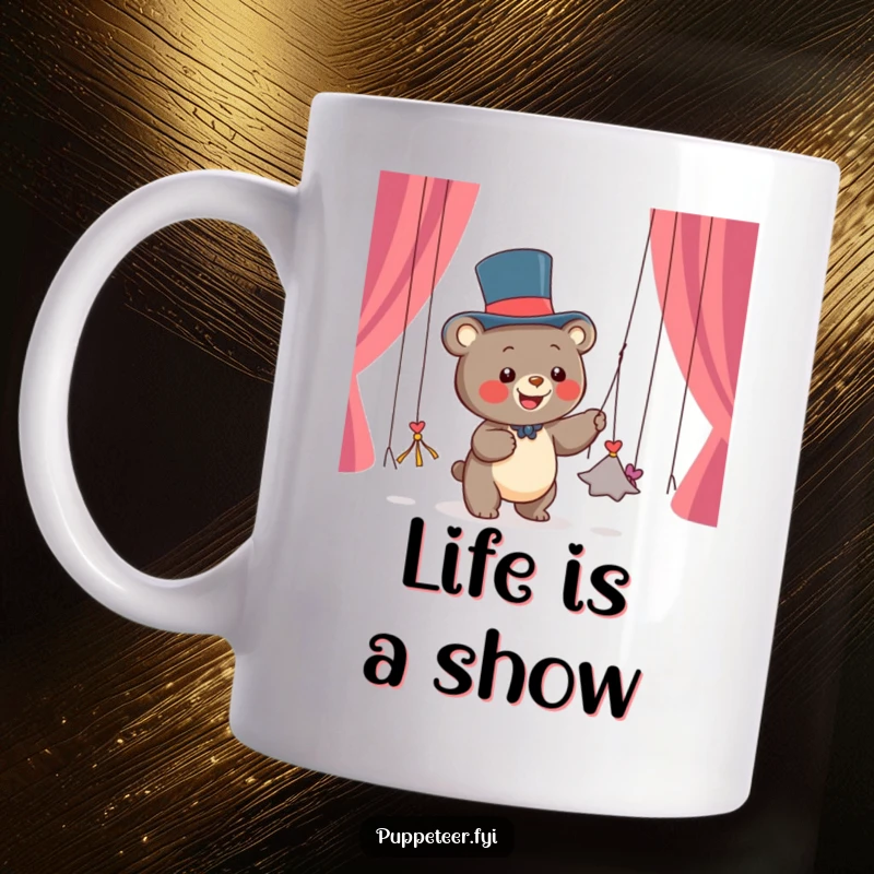 Funny bear cub wearing a top hat, joyfully pulling dancing string puppets from its paws, embodying whimsical performance.