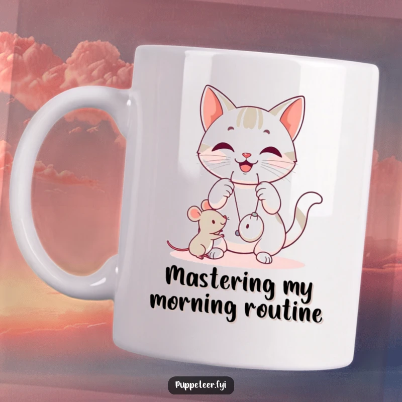 Funny happy cat mug manipulating strings, making a small mouse toy jump with playful feline energy.