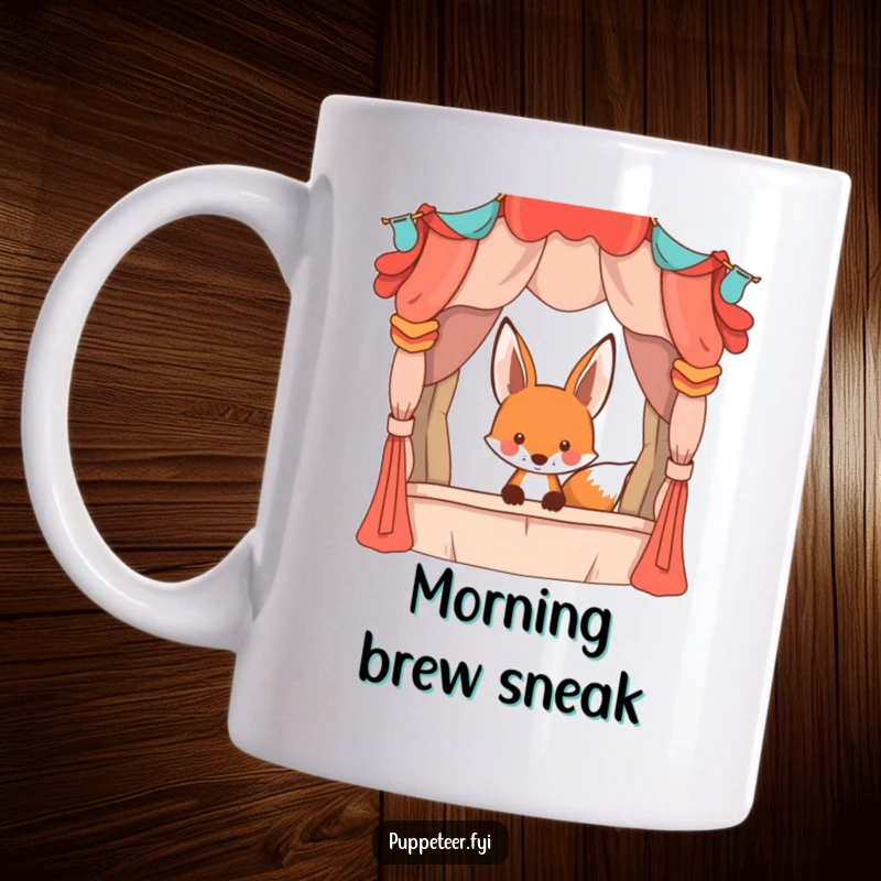 Funny playful fox peeking from behind a large, whimsical puppet stage on a mug, showcasing theatrical mischief.