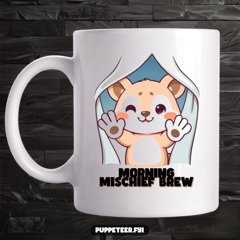 Funny Mug: Mischievous animal character hiding behind a curtain, waving puppet hands, a playful and humorous design for a coffee lover.