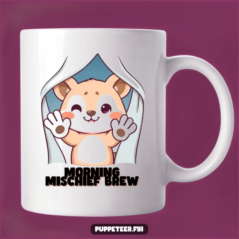 Funny Animal Trickster Mug - Mischievous Puppet Hands Waving Behind Curtain Gift