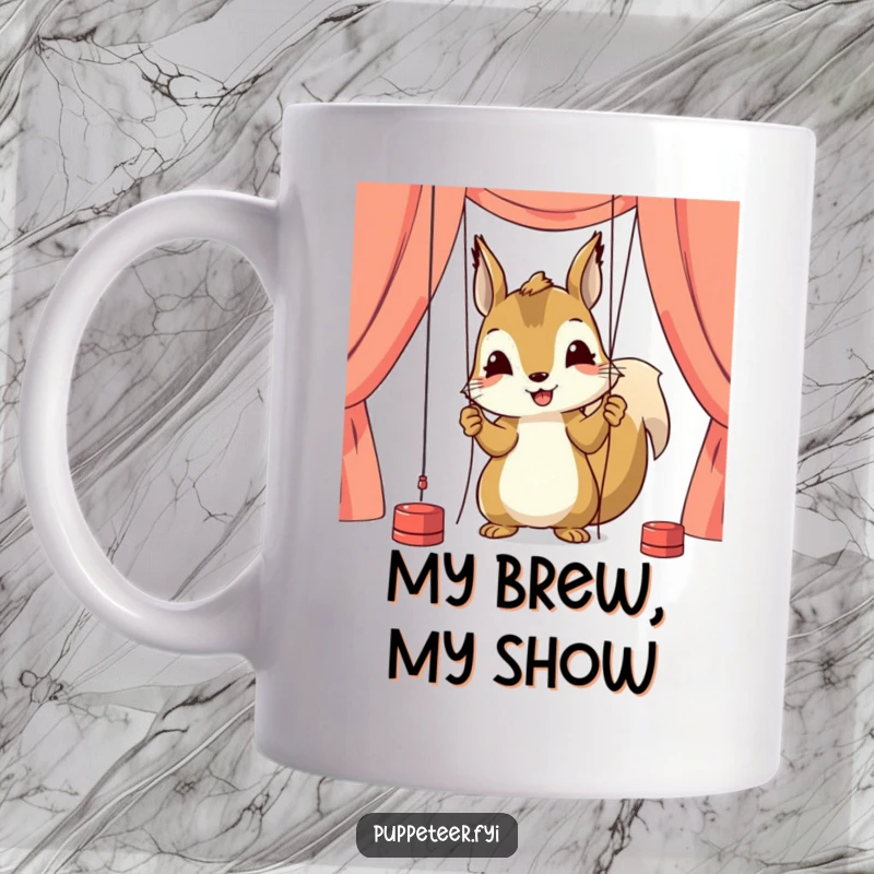 Funny mug featuring a happy squirrel character meticulously adjusting puppet strings with intense concentration, embodying careful craftsmanship.
