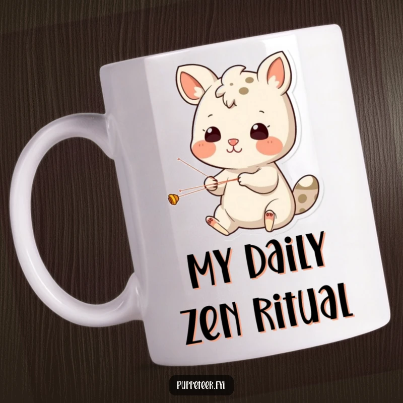Funny Mug: Cheerful animal character intensely concentrating, skillfully manipulating strings for a puppet show, a humorous and engaging design.