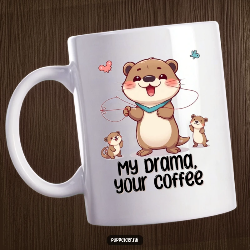 Funny mug featuring a delighted otter character masterfully posing and controlling various animal puppets with strings, showcasing theatrical flair.