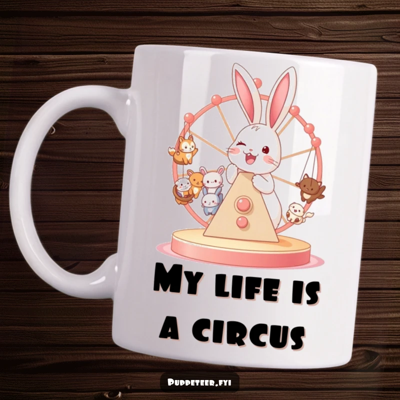 Funny mug with a joyful bunny operating a Ferris wheel filled with tiny, cute animal puppets, celebrating playful energy.