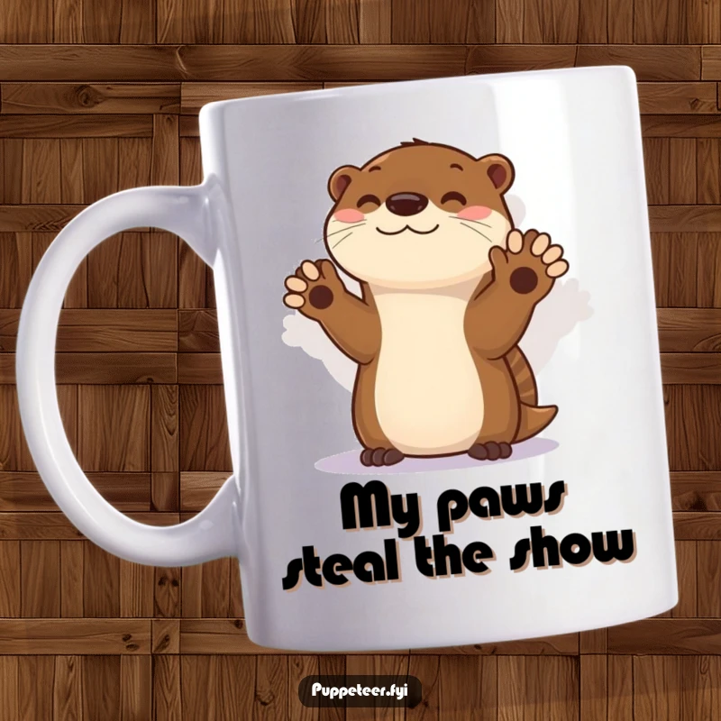 Funny mug featuring a playful otter expertly creating shadow puppets with its paws, a delightful and humorous scene.