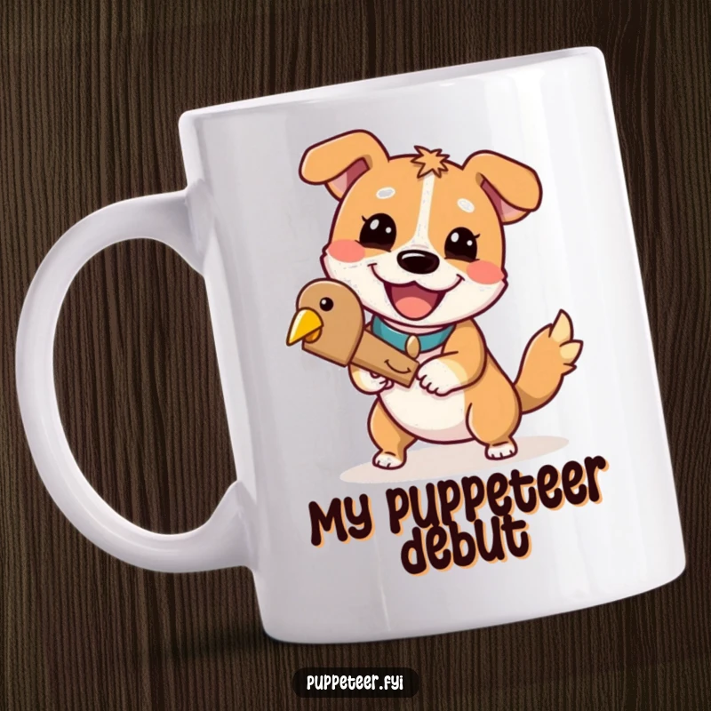 Funny dog mug where a playful dog with a cheerful grin controls a wooden bird, showcasing a hilarious puppet-mastering personality.