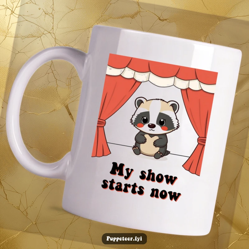 Funny mug of a determined badger operating a puppet show stage with intense focus, celebrating creativity.