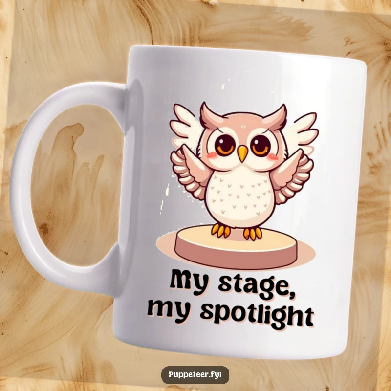 Funny mug featuring a cheerful owl in a spotlight, gesturing grandly with wings outstretched, a symbol of expressive joy.