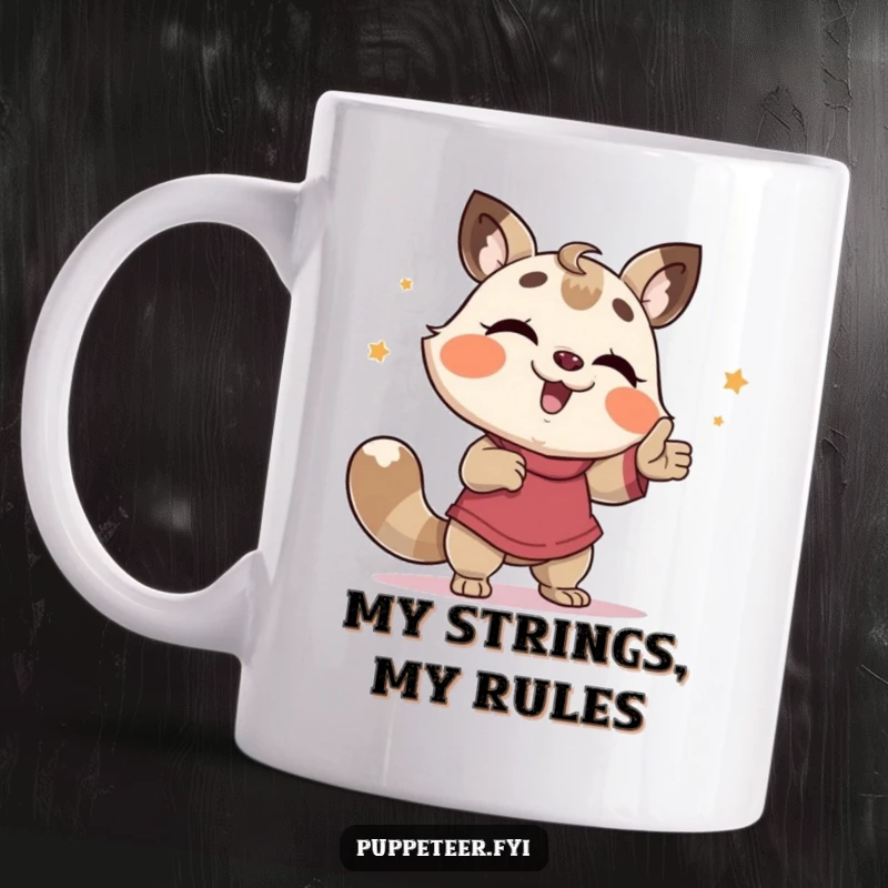 Funny Mug: A giggling animal excitedly makes a puppet dance a silly jig, full of comedic joy and playful mischief.