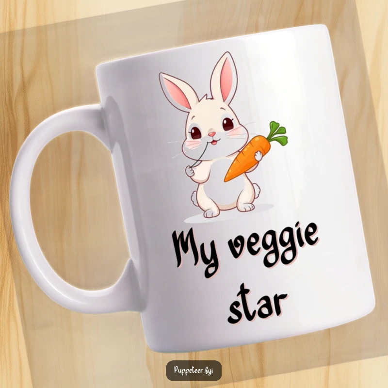Funny rabbit mug where a curious rabbit tugs strings, making a carrot puppet wiggle with playful animation.
