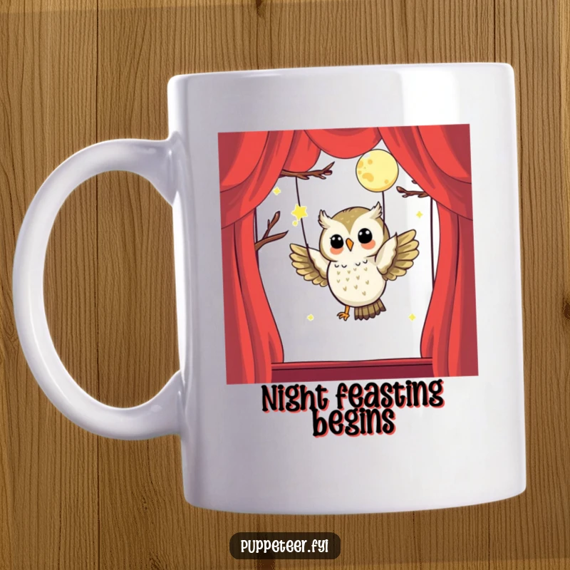 Funny mug with a happy owl puppet master expertly controlling a glowing moon puppet as it flies through the night sky.