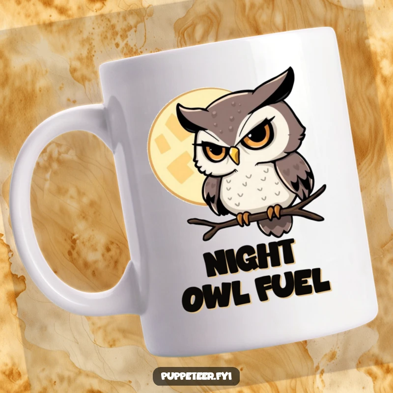 Funny Owl Mug featuring a sly owl with a twinkling eye, manipulating a hovering moon with magical control.