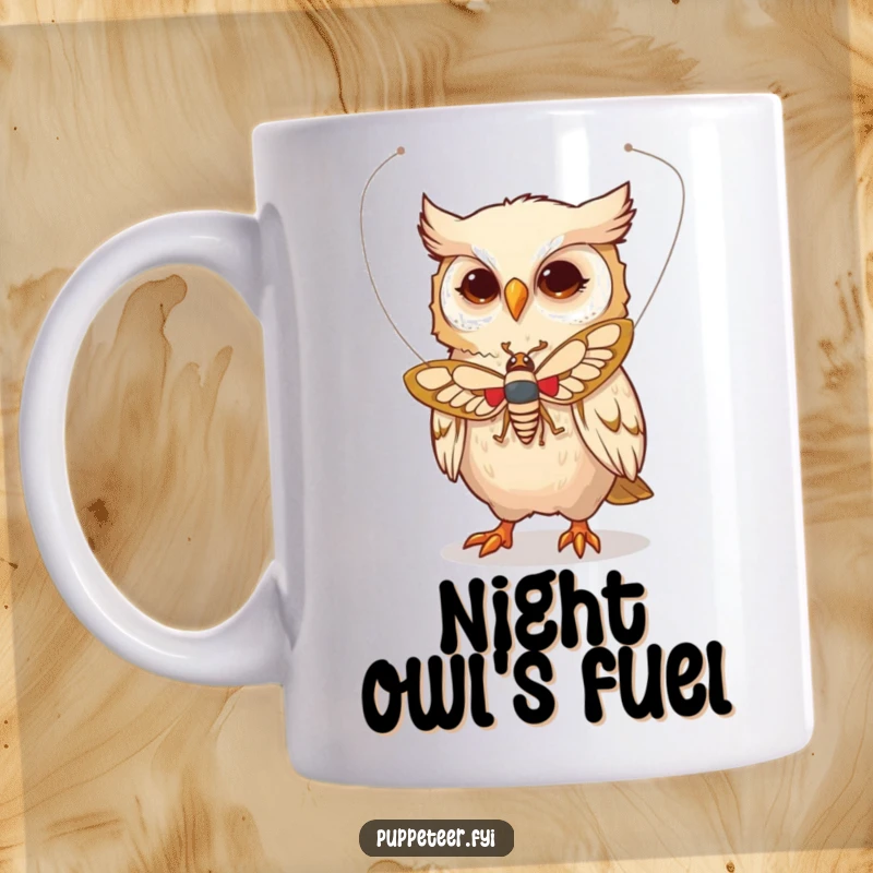 Funny mug depicting a whimsical owl character delicately controlling a moth puppet with strings, making it appear to fly gracefully.