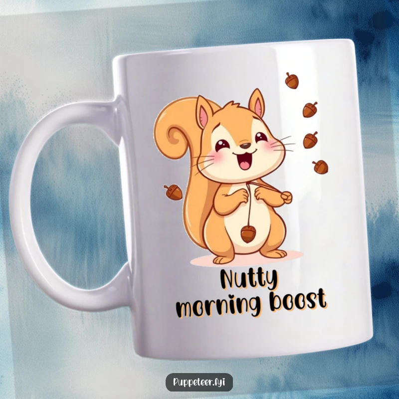 Funny Squirrel Mug featuring a cheerful squirrel pulling strings to make tiny acorns fly through the air with glee.