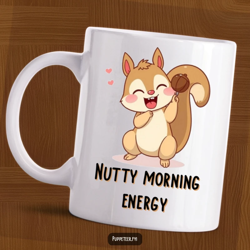 Funny mug showing a giggling squirrel puppet master making a nut puppet do a perfect somersault with great enthusiasm.