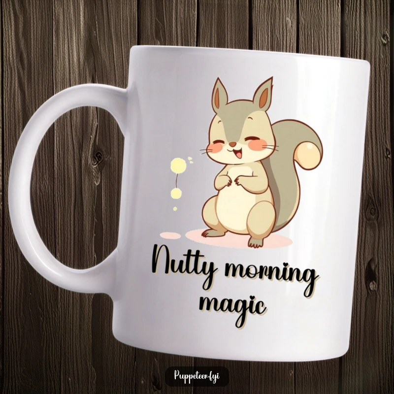 Funny mug featuring a giggling squirrel expertly using its bushy tail to control small, glowing orbs with mischievous glee.