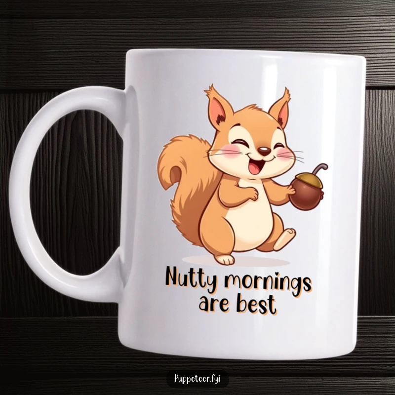 Funny squirrel mug with a giggling squirrel making a nut puppet hop, symbolizing playful entertainment and delightful mischief.