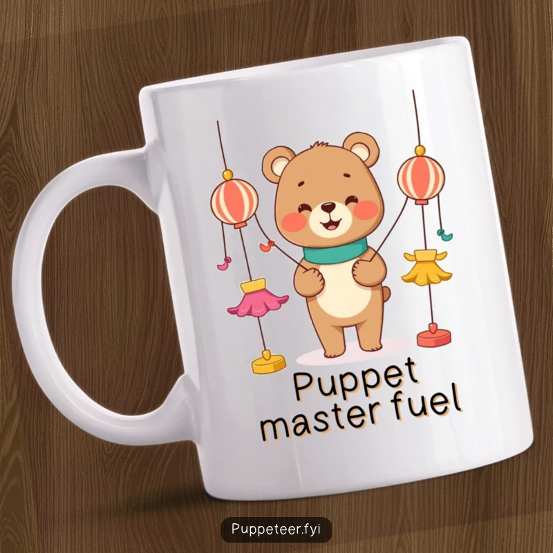 Funny mug with a smiling bear character masterfully manipulating three colorful strings attached to lively dancing puppets.