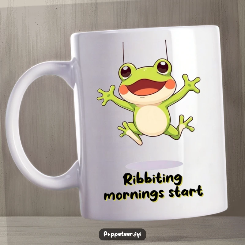 Funny mug featuring a cheerful frog character leaping joyfully while controlling a frog puppet to jump with strings.