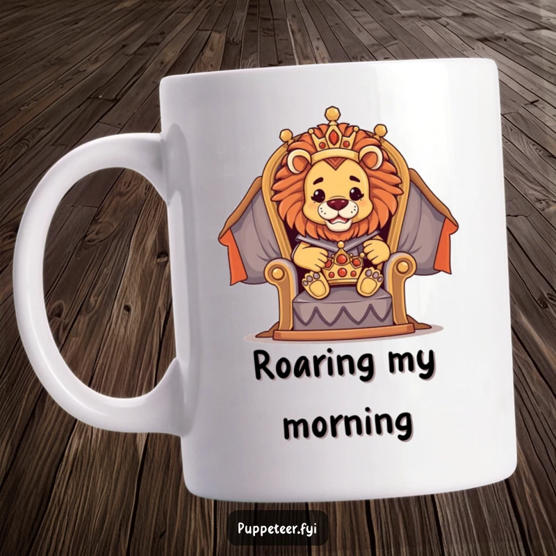 Funny mug showing a proud lion puppet master sitting regally on a throne, skillfully directing a tiny, sparkling crown puppet.