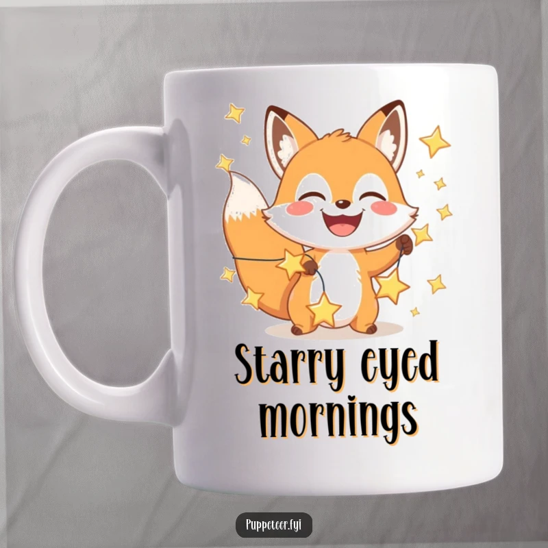 Funny happy fox mug with a wide grin manipulating a string of shining stars, radiating joy and cosmic wonder.