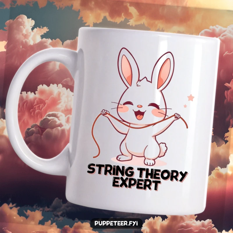 Funny Rabbit Puppet Master Mug featuring a cute character with a delighted expression, expertly manipulating two strings, perfect for a humorous gift.