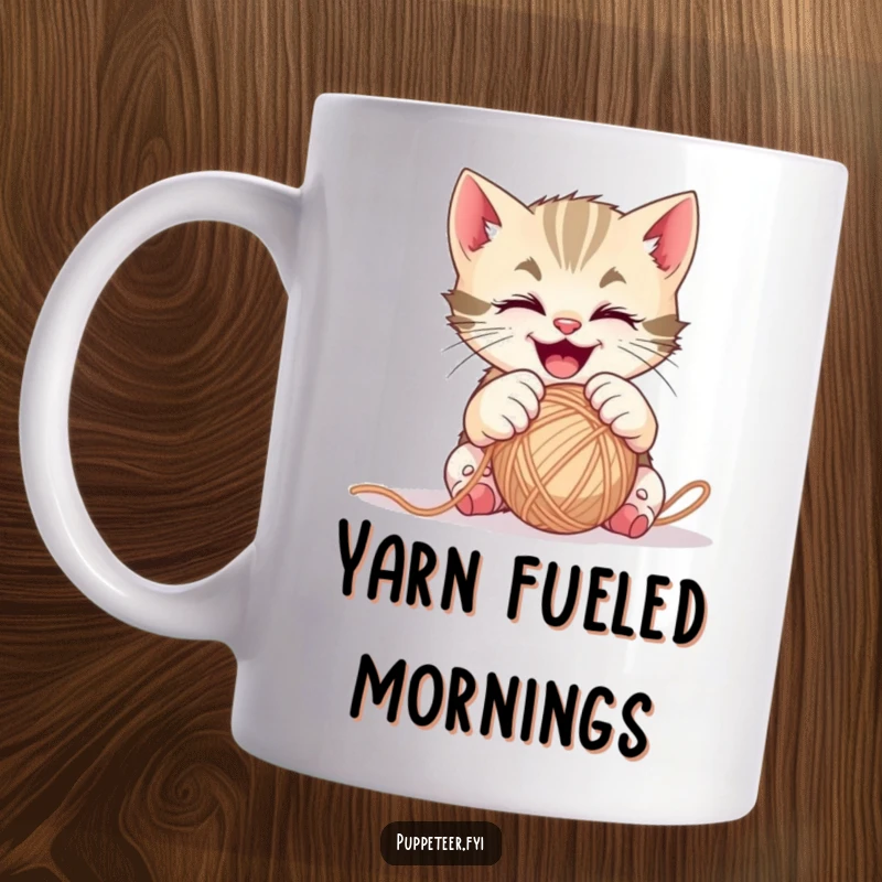 Funny mischievous kitten mug gleefully controlling a ball of yarn with its tiny paws, showcasing playful feline antics.