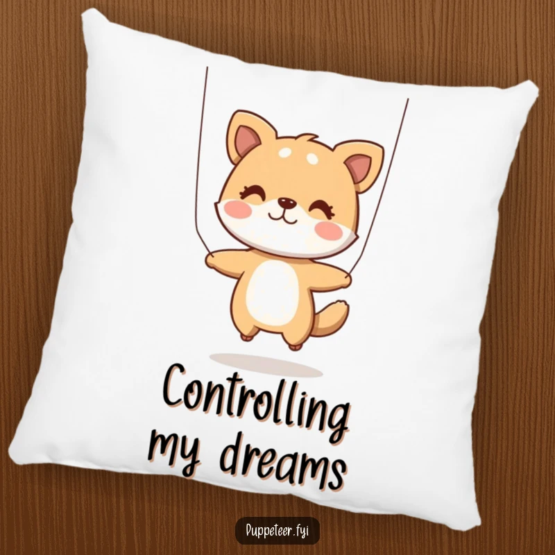 Funny Pillow: A soft pillow depicting a playful animal character expertly using strings to make a puppet jump with animated joy.