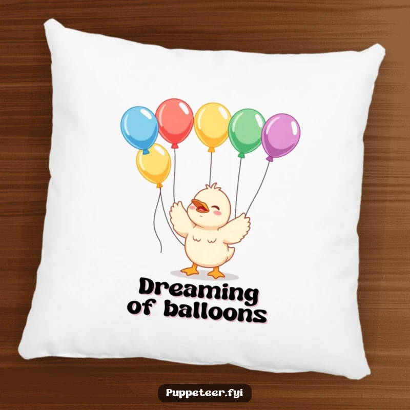 Funny giggling duckling pillow with strings connected to colorful balloons, soft decorative accent for cheerful homes.