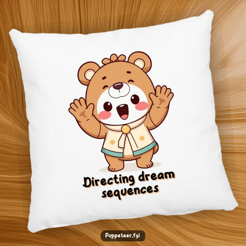 Funny bear puppet master pillow with a cheerful bear waving hands, controlling a dancing puppet, offering soft, playful comfort.