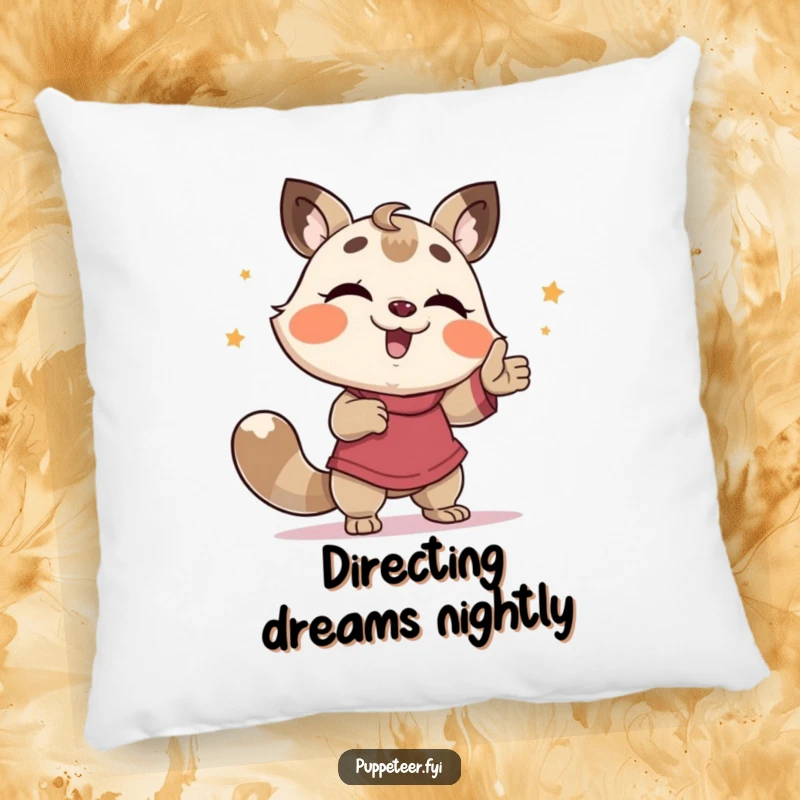 Funny Pillow: A giggling animal puppeteer leads a puppet in a comically awkward and funny dance, perfect for snuggle.