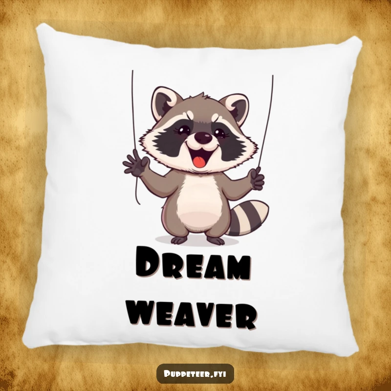 Funny Raccoon Pillow: A cheeky raccoon energetically gestures with puppet-control strings, designed for ultimate comfort and humorous appeal.