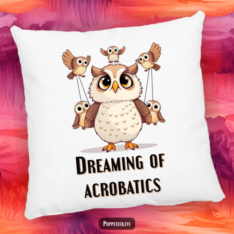 Funny pillow featuring a surprised owl looking up at its puppet owls performing acrobatics, offering comfort.