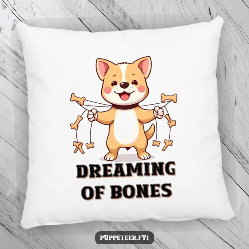 Funny proud dog pillow with multiple strings controlling tiny bone-shaped puppets marching, soft decorative accent for dog fans.