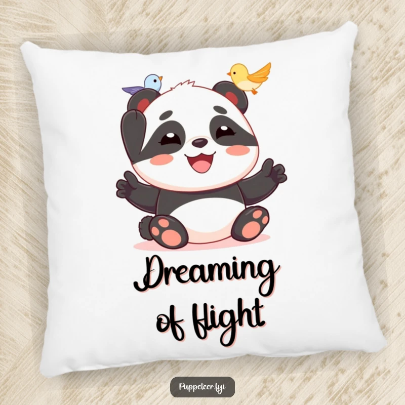 Funny and soft pillow featuring a joyful panda making a tiny bird puppet fly, perfect for cozy comfort and smiles.