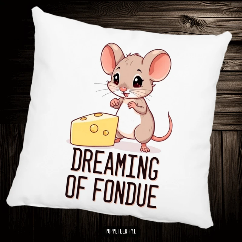 Funny Mouse Pillow showing a determined mouse guiding a cheese-shaped puppet, offering comfort and a dose of focused humor.