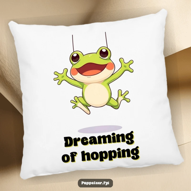 Funny pillow featuring a cheerful frog character leaping and controlling a frog puppet with strings, ideal for playful comfort.