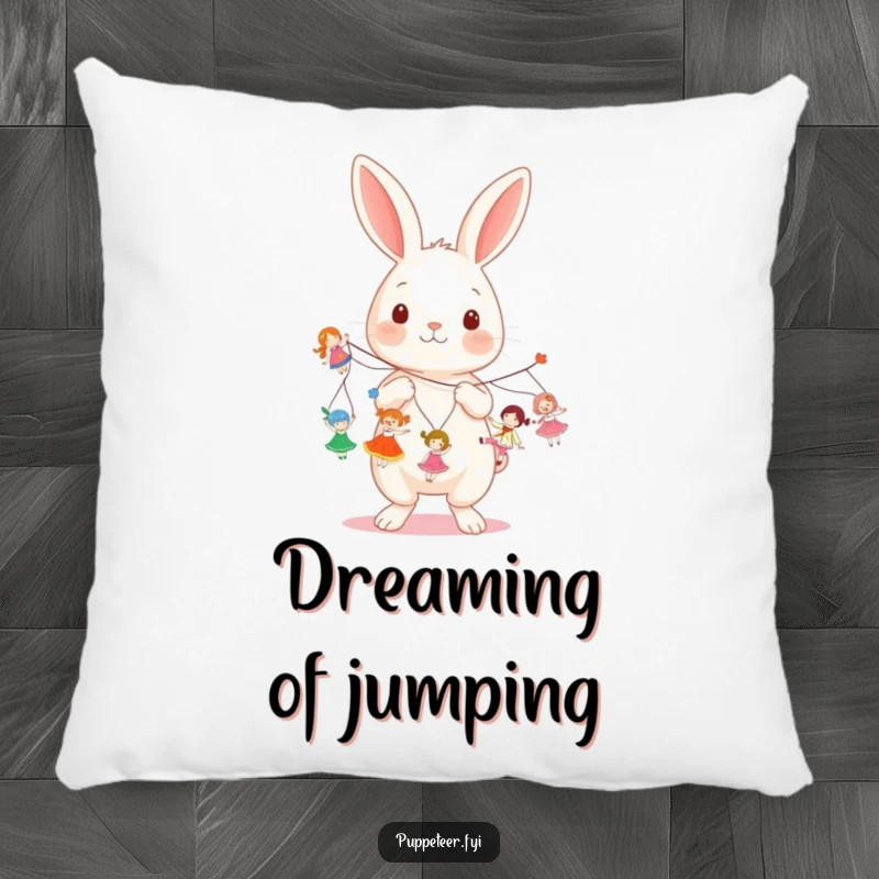 Funny kawaii rabbit holding multiple strings, making small dolls dance on a soft pillow, great for a funny gift.