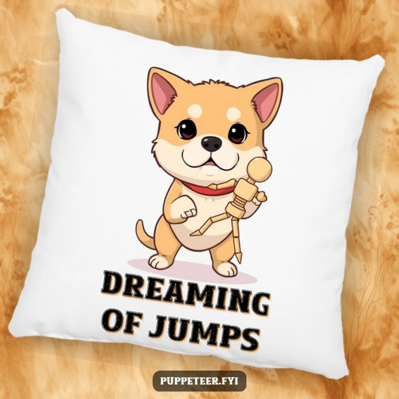 Funny dog pillow with a determined dog concentrating, operating a wooden marionette in mid-jump, offering skillful comfort and decor.