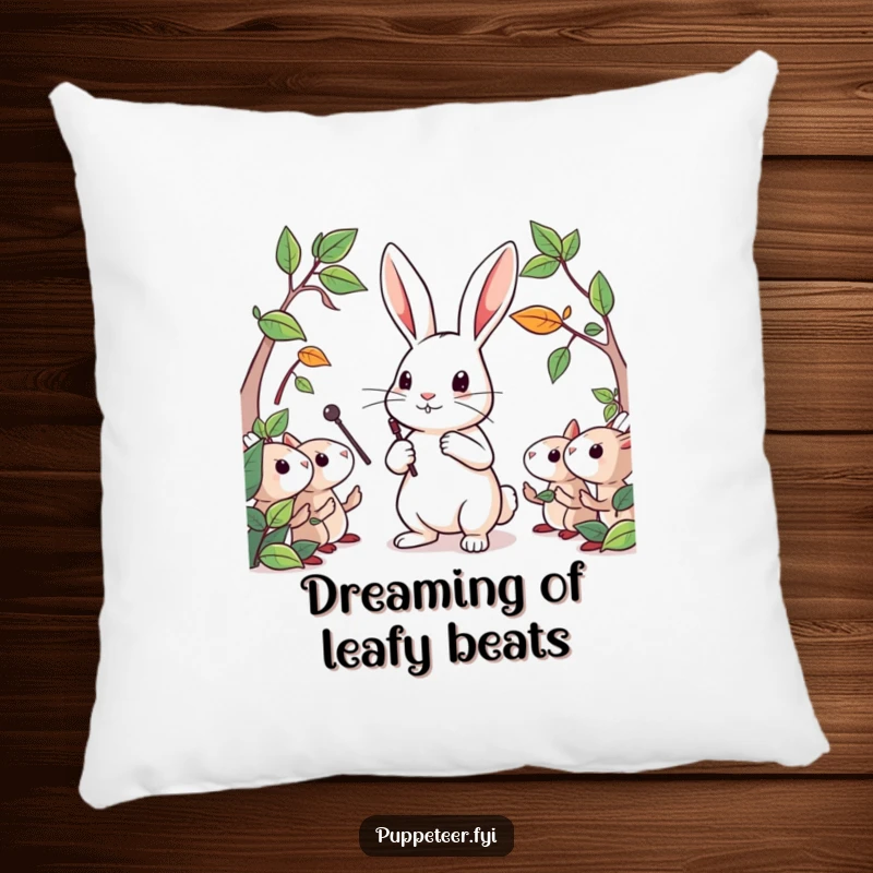 Funny pillow featuring a determined rabbit conducting leaf puppets with a tiny baton, bringing woodland charm to any space.