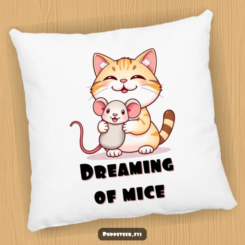 Funny pillow featuring a giggling cat proudly displaying a mouse puppet, perfect for adding comfort and humor.