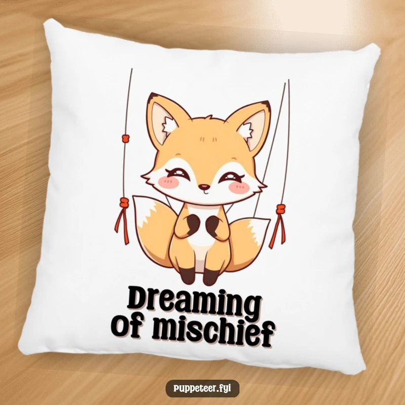 Funny kawaii fox with twinkling eyes gracefully holding puppet strings on a soft pillow, great for a funny gift.