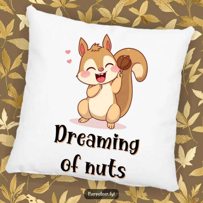 Funny pillow with a giggling squirrel making a nut puppet do a somersault, providing comfort and a touch of playful delight.