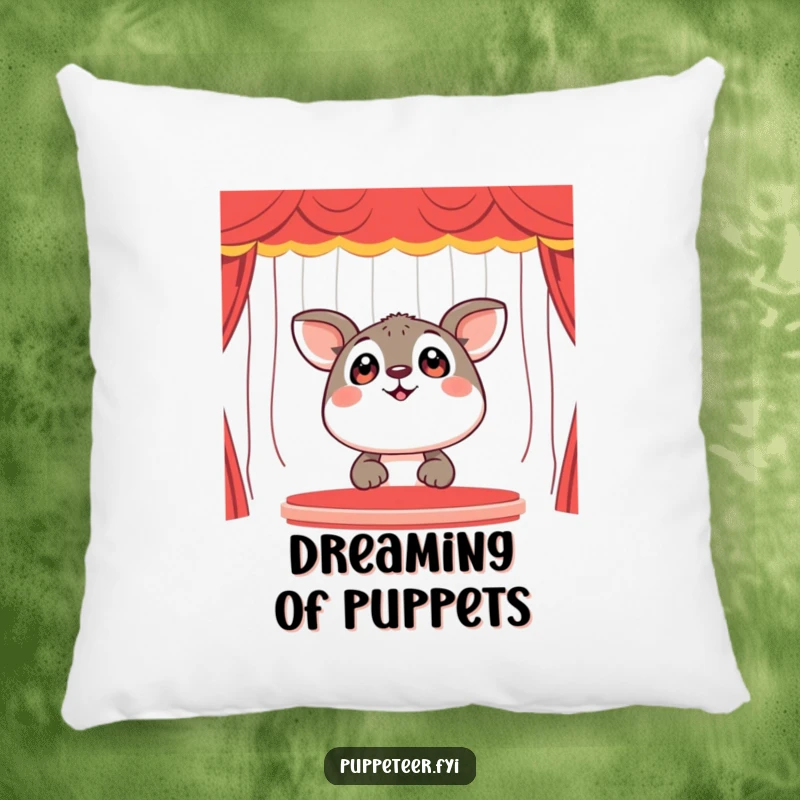 Funny Pillow: A happy animal with wide, wonder-filled eyes looks up at an imaginary puppet show, bringing comfort and joy.