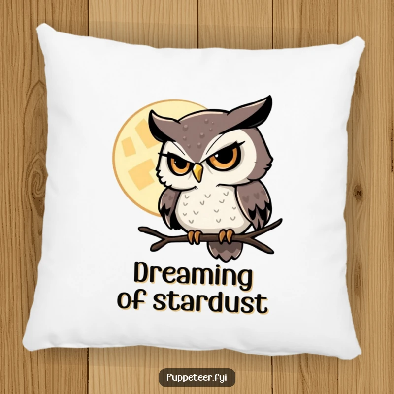 Funny Owl Pillow featuring a sly owl with a twinkling eye, controlling a hovering moon, perfect for adding magical comfort.