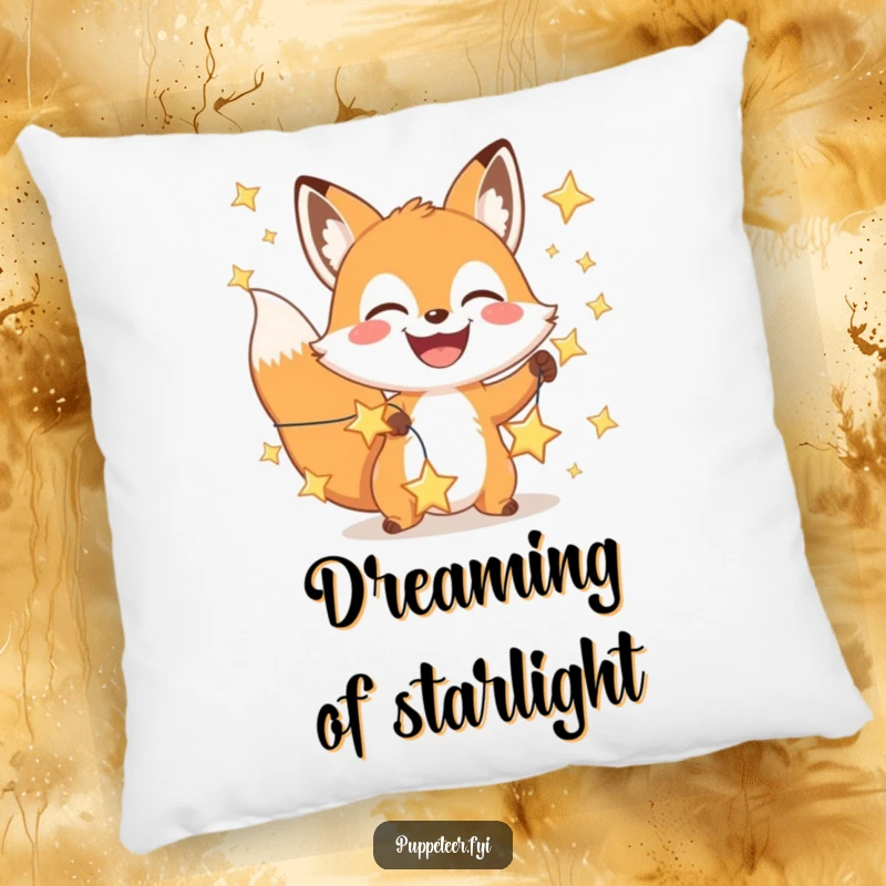 Funny happy fox pillow with a wide grin controlling a string of twinkling stars, soft and decorative for dreamers.