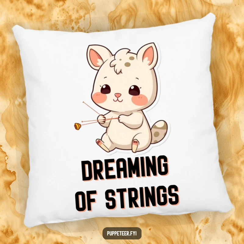 Funny Pillow: Cheerful animal character with wide eyes, concentrating on intricate puppet strings, bringing humor to comfort.