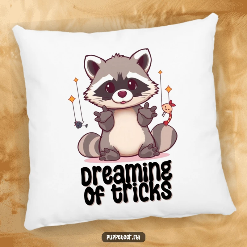 Funny pillow with a dexterous kawaii raccoon operating puppets, offering comfort and creative decor.